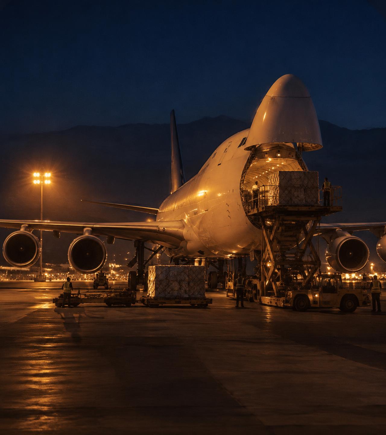 A cargo jet being loaded at night